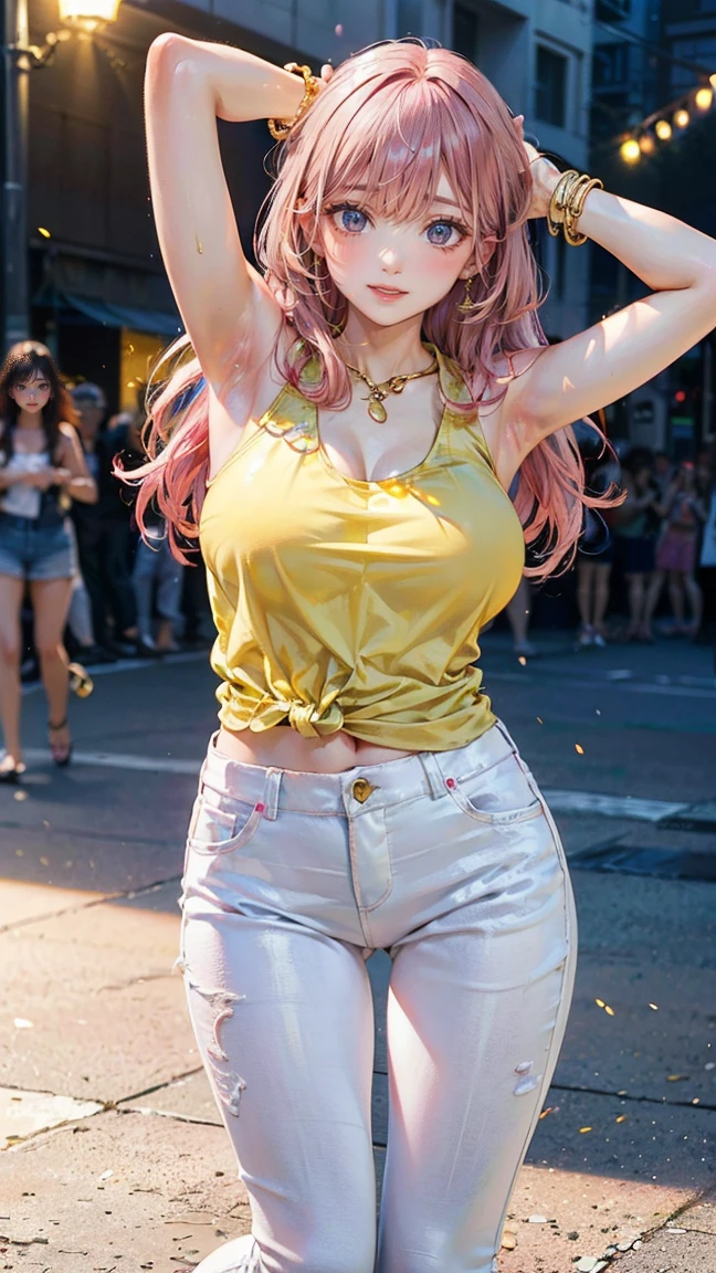 (Masterpiece, BestQuality:1.3), (ultra detailed:1.2), (hyperrealistic:1.3), (RAW photo:1.2), High detail RAW color photo, professional photograph, (Photorealistic:1.4), (realistic:1.4), (Pink Hair:1.5), professional lighting, perfect anatomy, (Big Breasts:1.2), (blush, detailed face), (A happy smile:1.7), sexly, erotic sexly, Random sexy gravure poses, (A beautiful woman wearing a lemon yellow tank top and white denim、Fun expressions at the festival、Gold Anklet、Dancing pose with arms raised。:1.3)