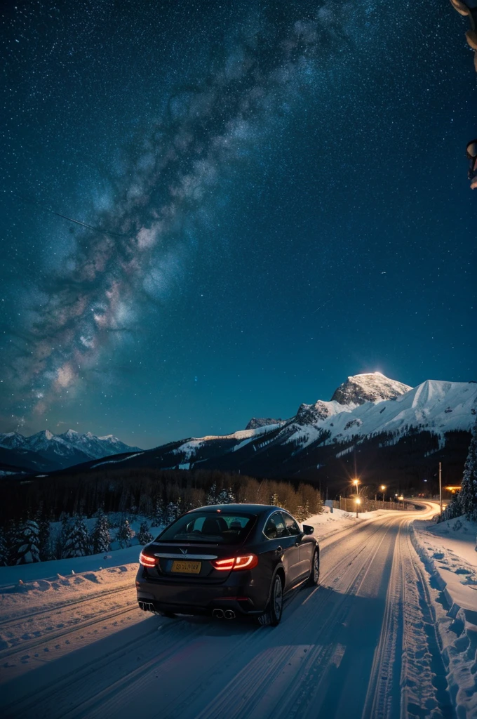 A car driving on a snowy mountain road,Beautiful starry sky with mountains in the distance