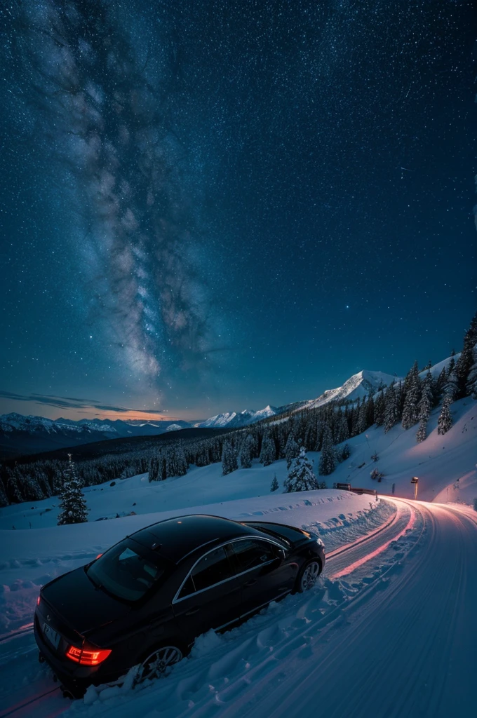 A car driving on a snowy mountain road，Beautiful starry sky with mountains in the distance