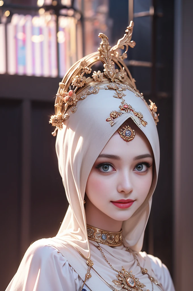 nsfw,Highest Quality, Highest image quality, RAW Photos, Realistic, Photorealsitic, ultra detailed and beautiful, highest details, ung girls, good-looking, Beautiful fair skin and luster, Beautiful eyes are big and bright, Small mouth and thin lips, hijabi, Goodness of style and slenderneseautiful big breasts:1.3), She has a cheerful personality and a cute smile......, Natural makeup, Pearl Pin Cripantasy see-through costume with cute details and wide breasts:1.5), Cute  s, beautiful girl illuminated by seven colors of light, Irridescent color,