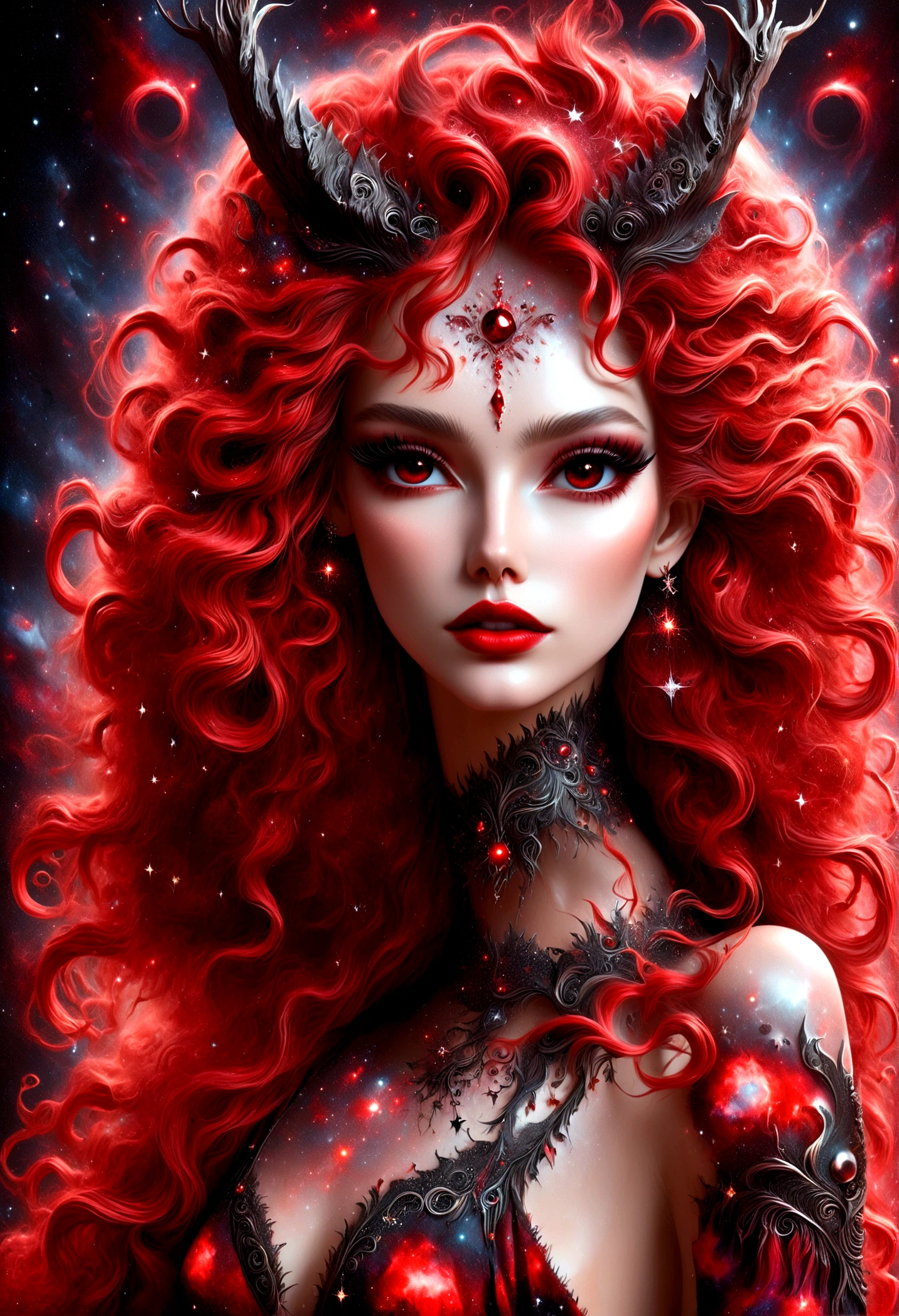 ragingnebula,high quality , dress made out of black stars, close up photo of very seductive red lips,sexy,beautiful,realistic,lifelike,studio photo,highly detailed,beautiful highly detailed eyes, dreamcore, Illustrations in the style of fantasy mythology, ultra realistic illustration, complementary colors