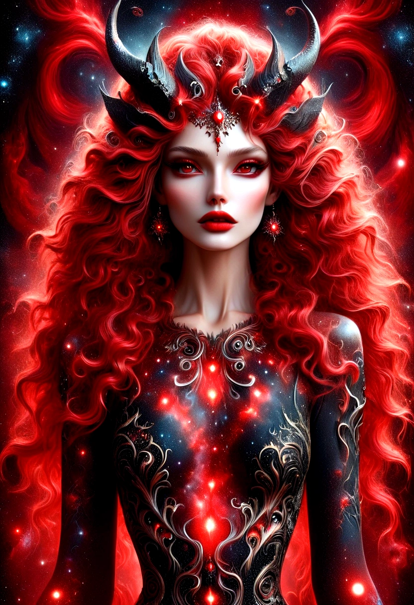 ragingnebula,high quality , dress made out of black stars, close up photo of very seductive red lips,sexy,beautiful,realistic,lifelike,studio photo,highly detailed,beautiful highly detailed eyes, dreamcore, Illustrations in the style of fantasy mythology, ultra realistic illustration, complementary colors