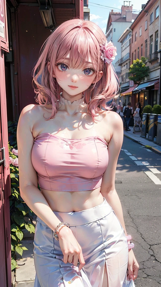 (Masterpiece, BestQuality:1.3), (ultra detailed:1.2), (hyperrealistic:1.3), (RAW photo:1.2), High detail RAW color photo, professional photograph, (Photorealistic:1.4), (realistic:1.4), (Pink Hair:1.5), professional lighting, perfect anatomy, (Big Breasts:1.2), (blush, detailed face), (A happy smile:1.7), sexly, erotic sexly, Random sexy gravure poses, (Beautiful woman wearing a rose pink tube top and a white long skirt、A stylish smile on the street、Pearl Bracelet、Leaning on a street sign。:1.3)