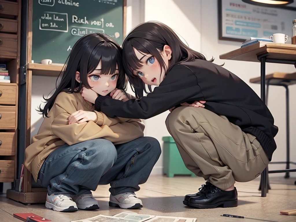 In the office,Black-haired 17-year-old boy,Wearing a sweatshirt,Squatting on the ground,There are banknotes on the ground
