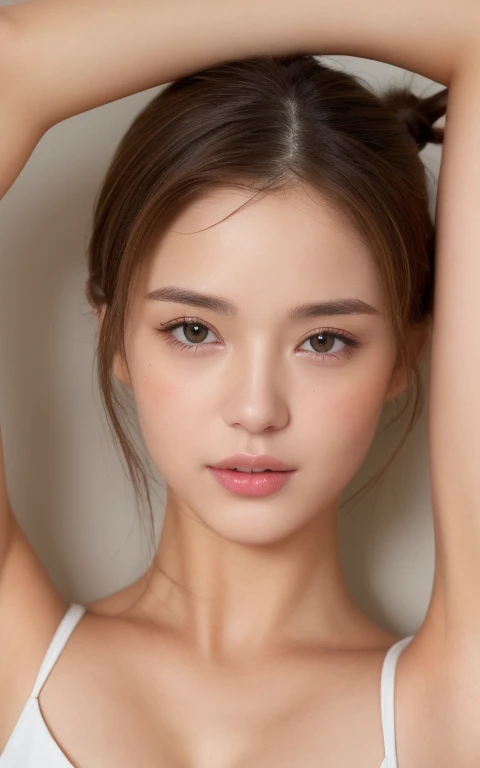 ((Armpit Pose、Armpit、Raise your hands to show your armpits、Detailed armpit wrinkles、Detailed skin texture、ciinematic light、top-quality、、masterpiece:1.3))、1girl in、Beautiful woman with slender abs:1.2、(Ted White hair、small tits:1.3)、((Nude))、Full body, Seductive open lip、sofas、hyperdetailed face、A detailed eye、double eyelid、high-ponytail Hairstyle、Brown hair、Latin blood、Seductive eyes