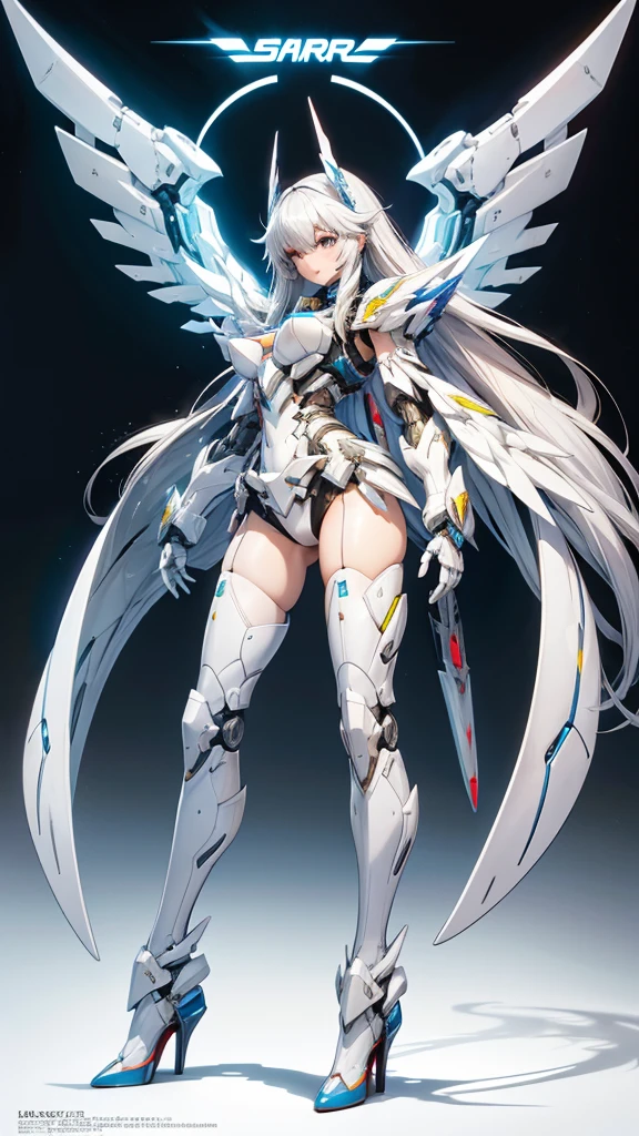 White long hair mecha girl,White armor,Cybernetic wing Mechanical wing,briefs,Thin legs,high heels,front,Cyberpunk city