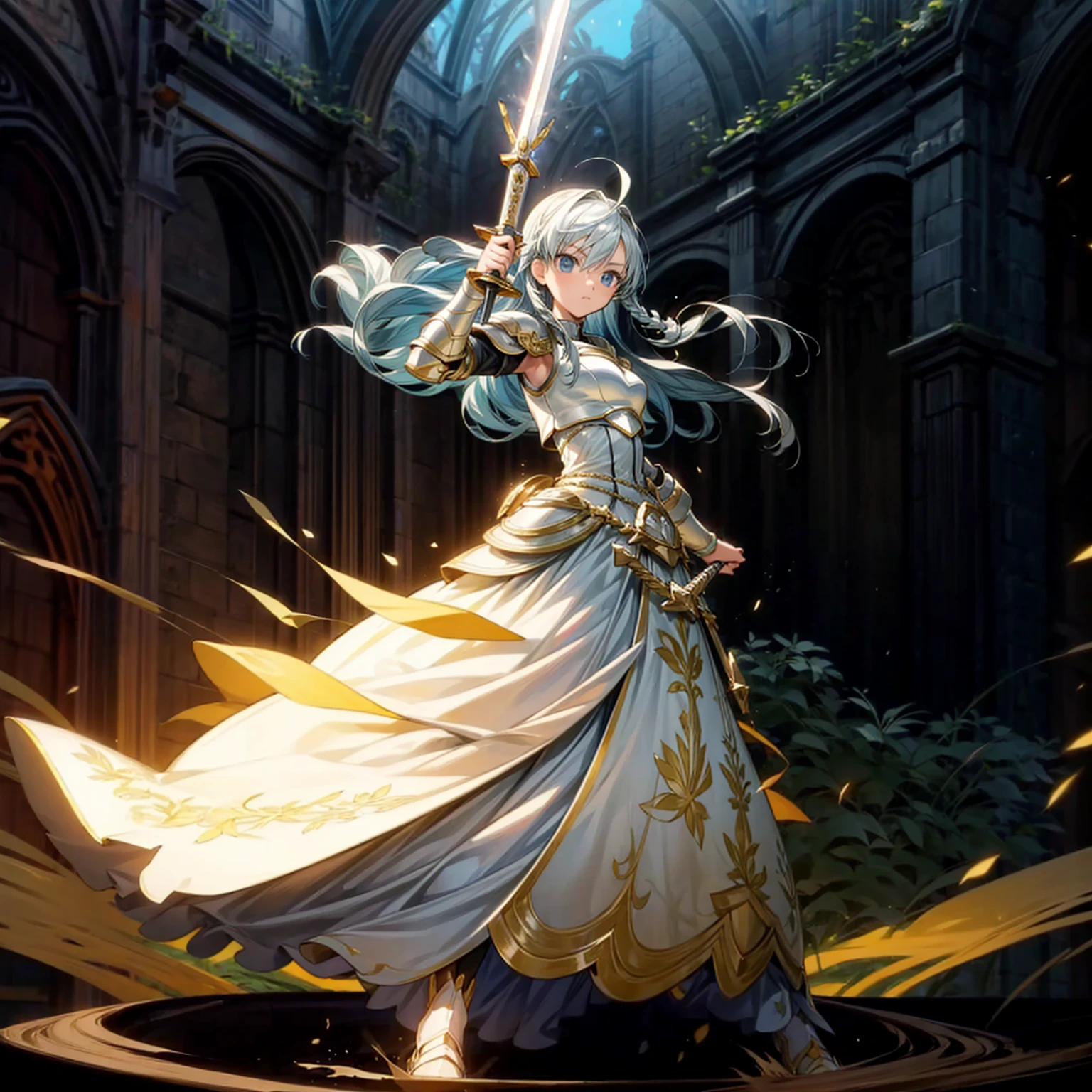 1girl, Full body version, 1character,  version, blue eyes color, long haircut, white colour hair, formal style clothing, medieval gold armour, one gold sword in hand, Grassroots, background in green field, motion blur, battle gesture, lighting sword, smoke, fire lighting, fire, masterpiece,  (Hunter x Hunter style)