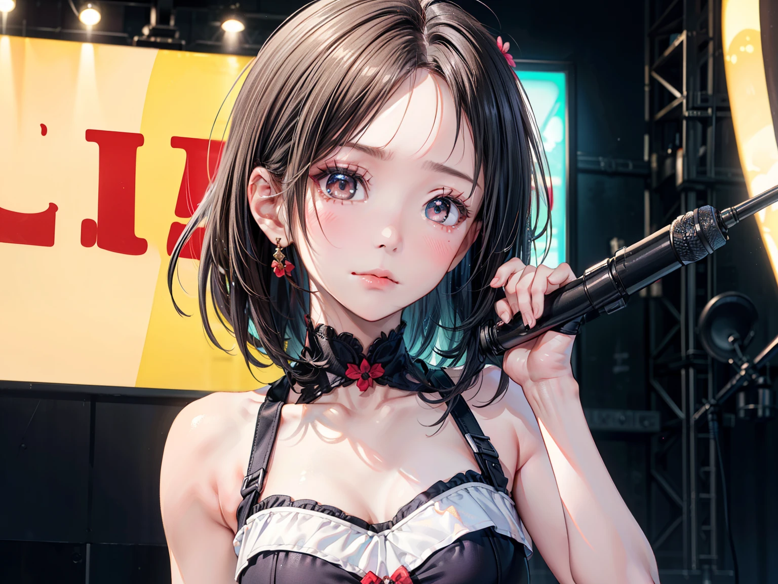 ((Best of the highest quality, 8k, Masterpiece, raw photo: 1.1)), (Sharp focus: 1.1), (1 AESPA, slim body type female, 22 y/o: 1.1), solo, Portrait Waist Up, (realistic, photo-realistic:1.37), face focus, cute face, finely eyes, (forehead, short messy hair: 1.28), (sharp chin, droopy eyes, sad face: 1.32), (Emphasize prominent aegyo-sal with bright: 1.28), shimmering eyeshadow applied under the lower lash line, paired with thick, (small breasts, flat chest: 1.2), alternative outfit, tube top, walking on stage, microphone, flower,