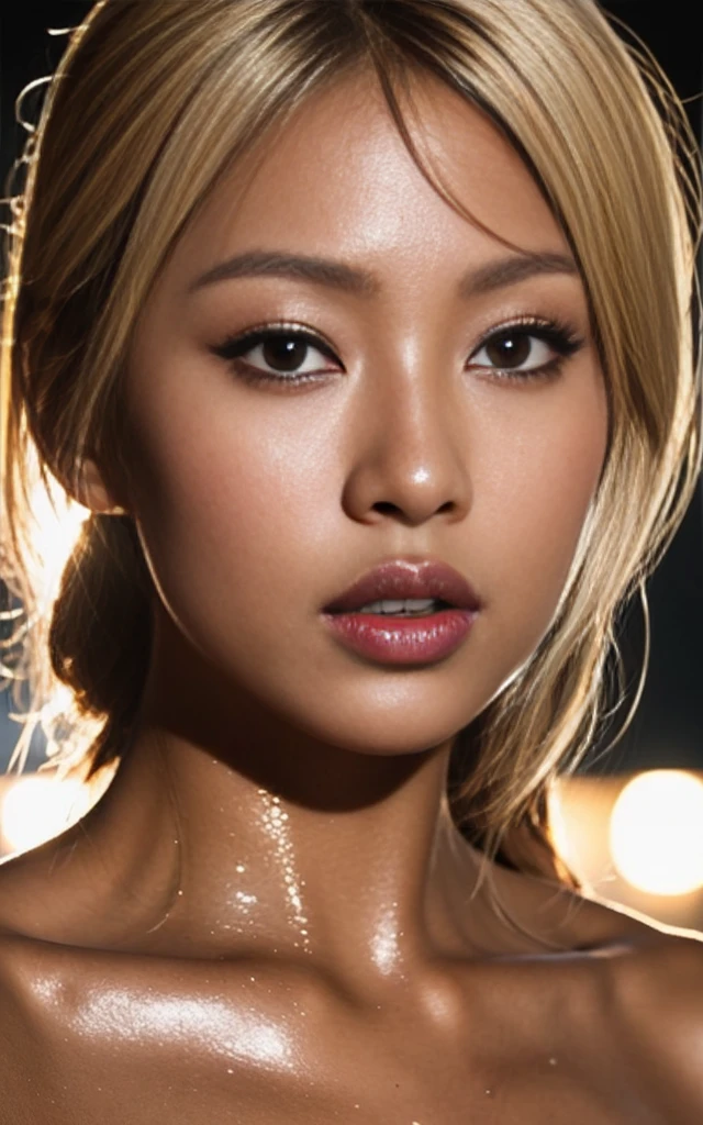 gyaru,dark-skinned, shiny oiled skin, face close up, cinematic lighting