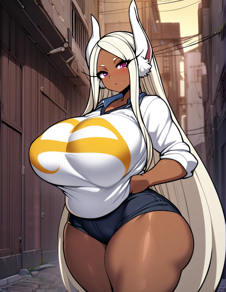 mirko,1girl,solo,Mature Woman,dark brown skin,Females in heat,blush,Super huge breasts,Whipped thighs,plump,Looking at viewer,I see them as the enemy,back alley