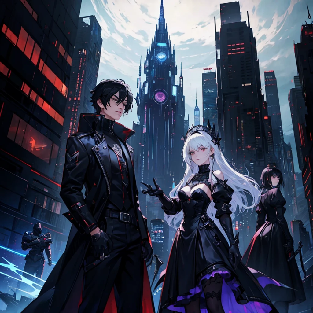 top quality(2.0)、Delicate face image、Finger image、night cityscape、Cyberpunk、fantasy、two figurean and girl。1Human:white coarse short hair、18 year old、redeem、huge sword、jacket(Rough style)、gender、gloves、Defender。 1 woman:Black longhair、golden eye、Maids、gothic ta、Behind the man(1.5)。