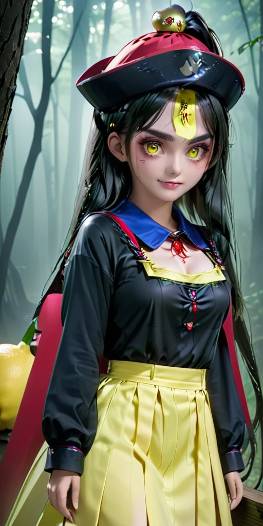 masterpiece, best quality, 4k, 8k, 1girl, solo, long hair, blunt bangs, side braid, black hair, droopy eyes, big eyes, ruby red eye, lemon yellow  eye, heterochromia, slender frame, evil smile, large breasts, ofuda, jiangshi costume:1.2, fang, horror, coffin, forest, midnight, darkness, fog, from front, cowboy shot, look at viewer, paw pose,