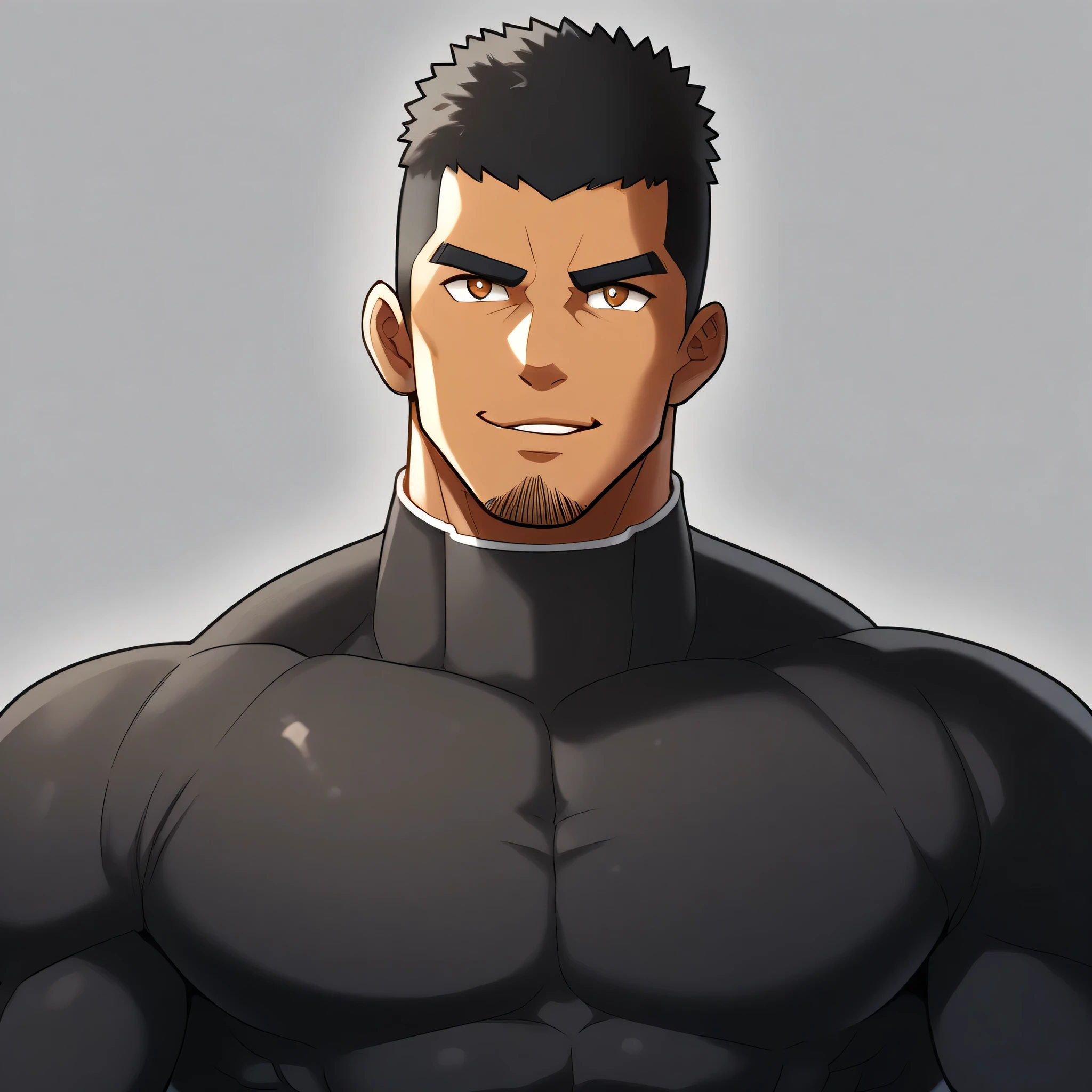 anime characters：Gyee, Muscle Sports Student, ????? black skin, 1 dark skin muscular tough guy, Manliness, male focus, Dark Brown high collar long sleeve wetsuit, Matte texture, Very tight, Round, full and perky chest muscles, Slightly transparent, muscular male, muscular, only, Upper body, alone, Black short hair, Thick eyebrows, stubble, Brown eyes, Grey background, simple background, amazing quality, best aesthetics, Ridiculous, bright pupils, crew cut, parted lips, seductive smile, torogao, naughty face,  best quality