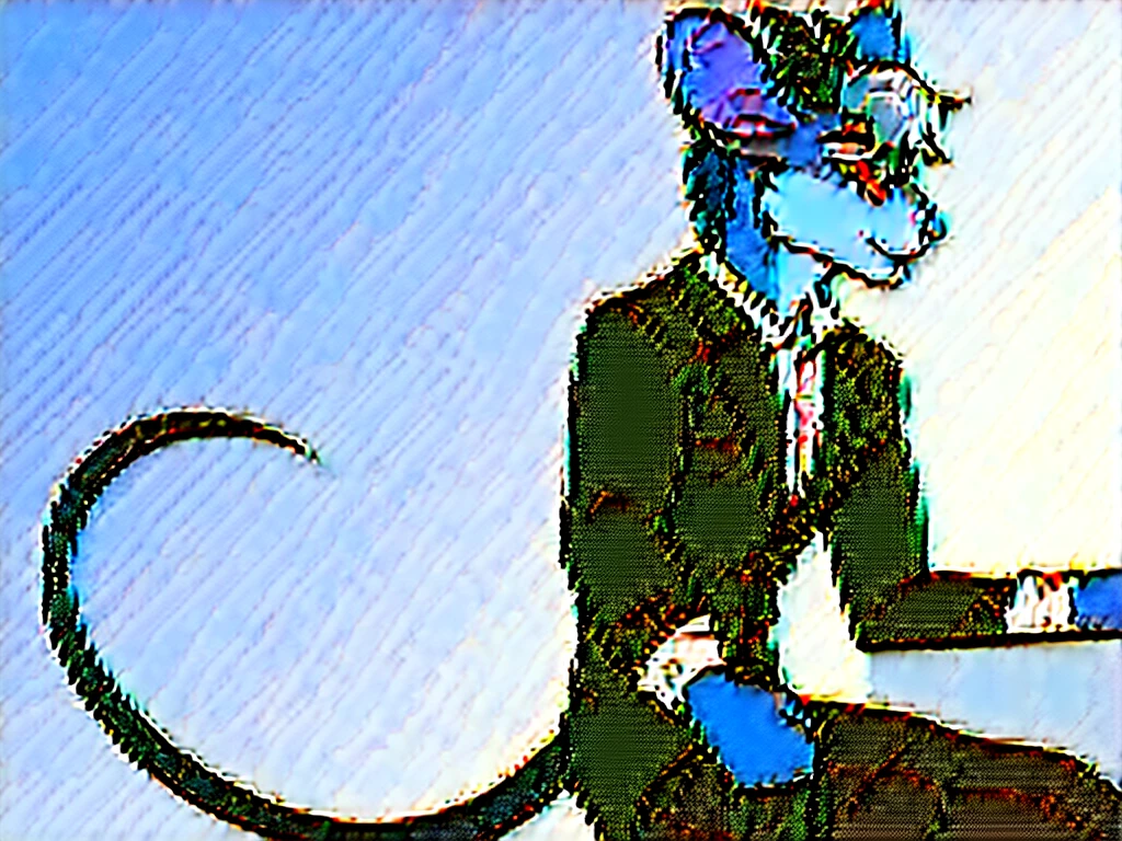 Solo, male, furry, goat-rat hybrid, ((goat horns)), mouse ears, ((light brown colored fur with white highlights)), (brown hair), blue eyes, mouse tail, adult, handsome, mature, (slim build),black wire glasses, wearing dress shirt, wojak