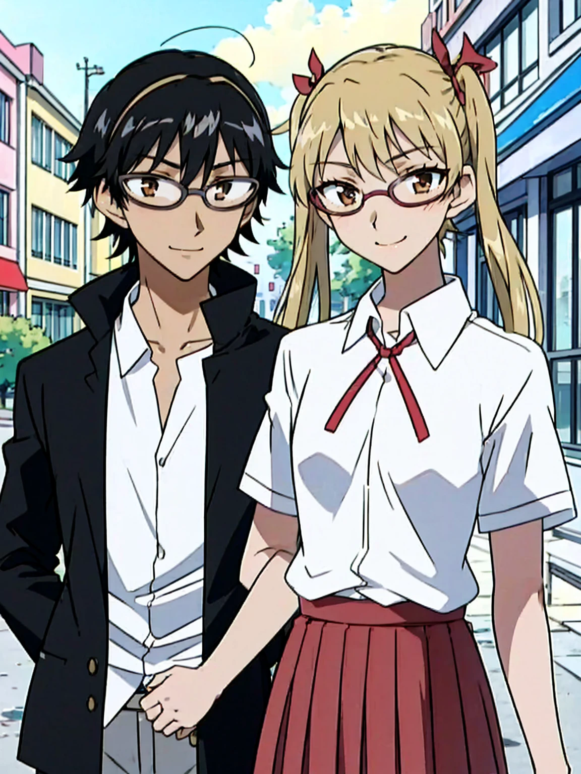 1 boy and 1 girl stand in the street,twintails,sawachika eri, brown eyes, hair ribbon,harimakenji, glasses, ,school uniform, red pleated skirt,eri,hairband, looking_at_viewer, serious, gakuran, white_shirt,smile,happy,two persons