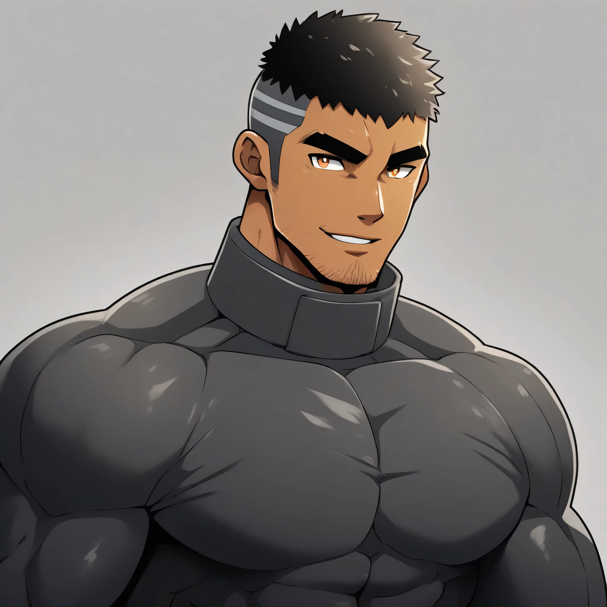 anime characters:Gyee, Muscle Sports Student, negro black skin, 1 dark skin muscular tough guy, Manliness, male focus, Dark Brown high collar long sleeve wetsuit, Matte texture, Very tight, Round, full and perky chest muscles, Slightly transparent, muscular male, muscular, only, Upper body, alone, Black short hair, Thick eyebrows, stubble, Brown eyes, Grey background, simple background, amazing quality, best aesthetics, Ridiculous, bright pupils, crew cut, parted lips, seductive smile, torogao, naughty face, best quality