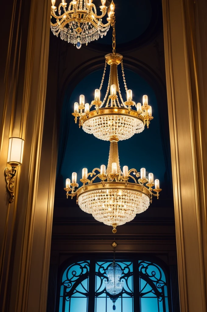 Create a logo with refined lines and striking features with a chandelier based on the name, luxurious lighting with gold letters contrasting with blue