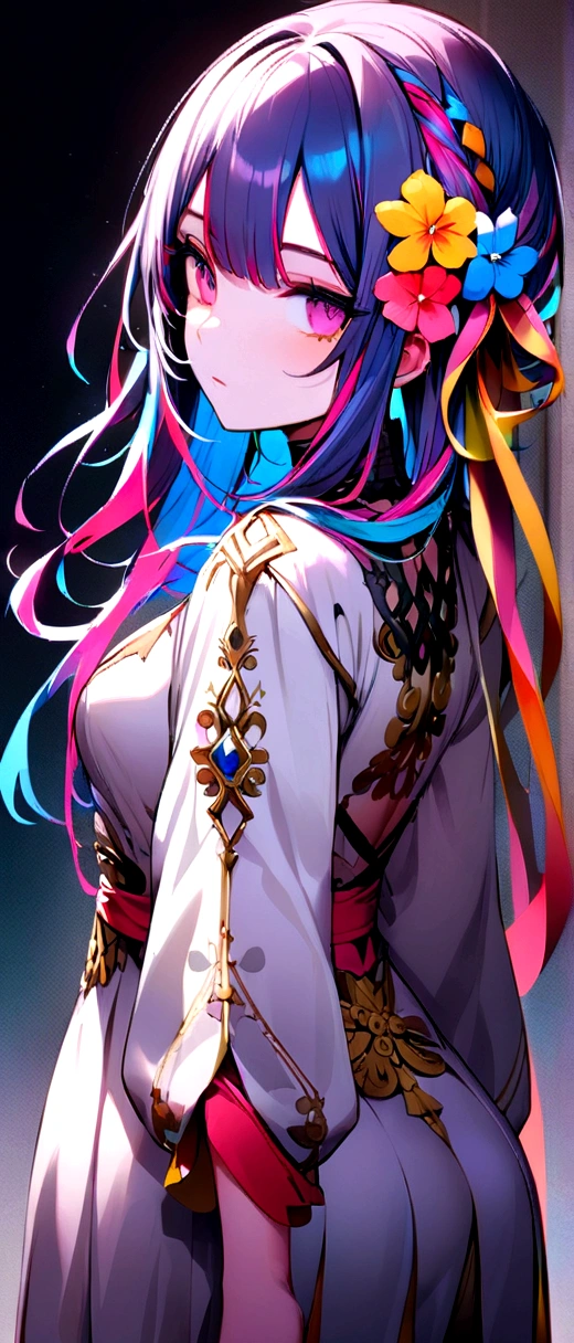 Colorful hair colors、long、Grating、Expressionless、Looking Back、Flower hair ornament on the left、Girl