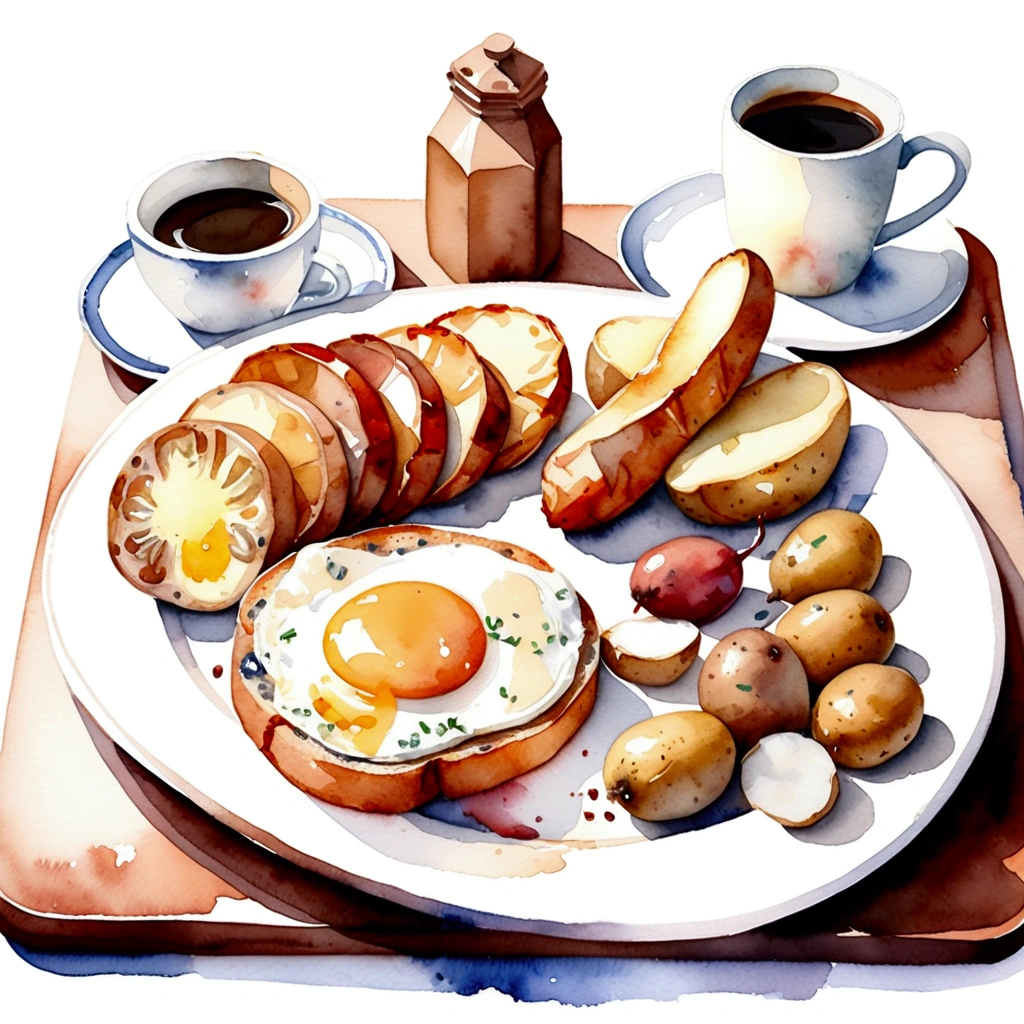 a very clean image painting of a full english breakfast menu, full dining set, three slices of potatoes, ((watercolor)), solid white background, center composition, negative space around the object, washed out color, detailed masterpiece, loose drawing, clipart, vector art, illustration, a cup of (coffee)