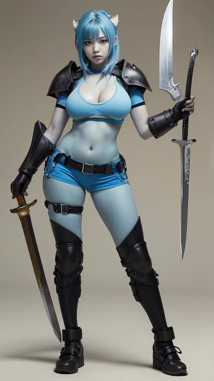 Ponytail, beautiful female warrior, approximately 20 years of age, with a perfect body and dressed in shiny leather elements? The character has dark blue hair with red highlights, tied in a horse tail, and holds a short sword in her hand. I would like the drawing to be done in any graphic convention that fits the character’s nature, wet skin, shiny skin, Organza flowing coat, photorealistic: 2.0.