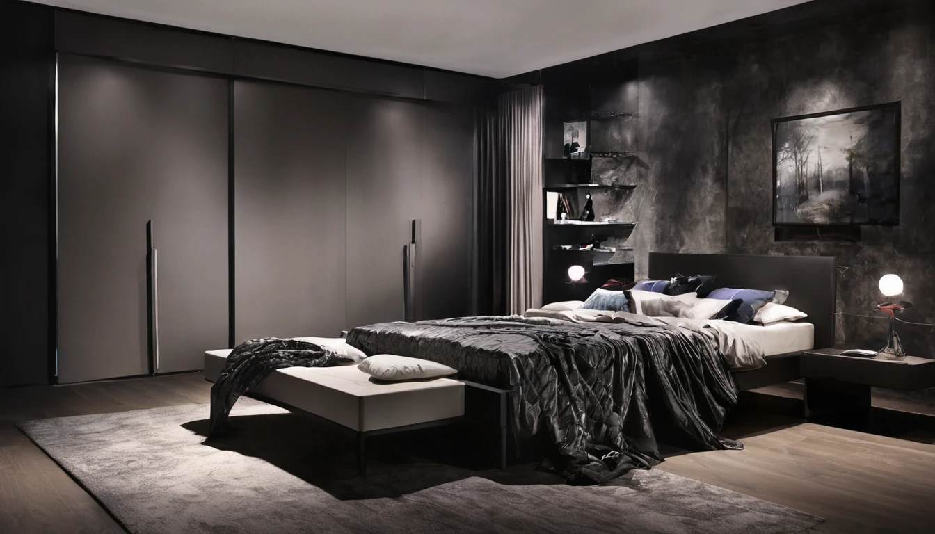 bedroom, bed, wardrobe, clothes on the bed, dark environment