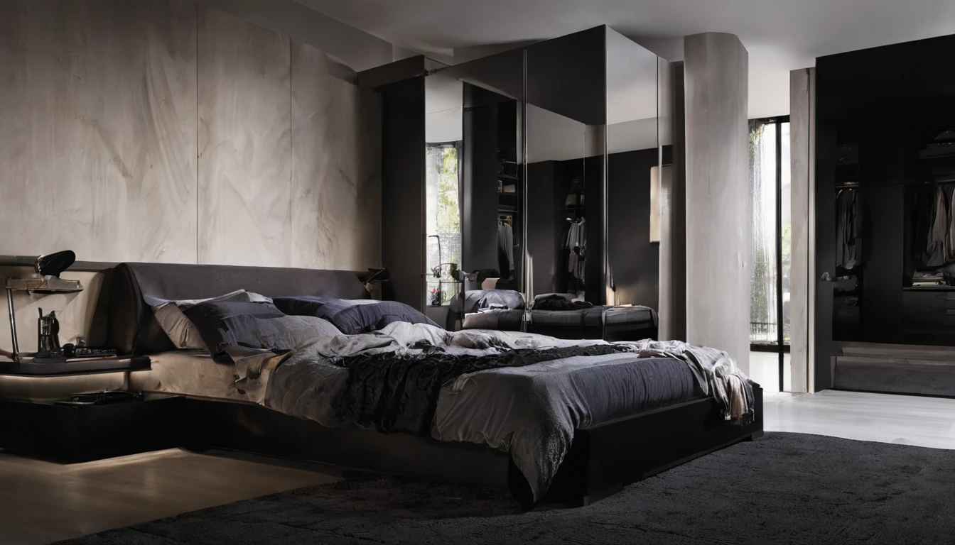 bedroom, bed, wardrobe, clothes on the bed, dark environment