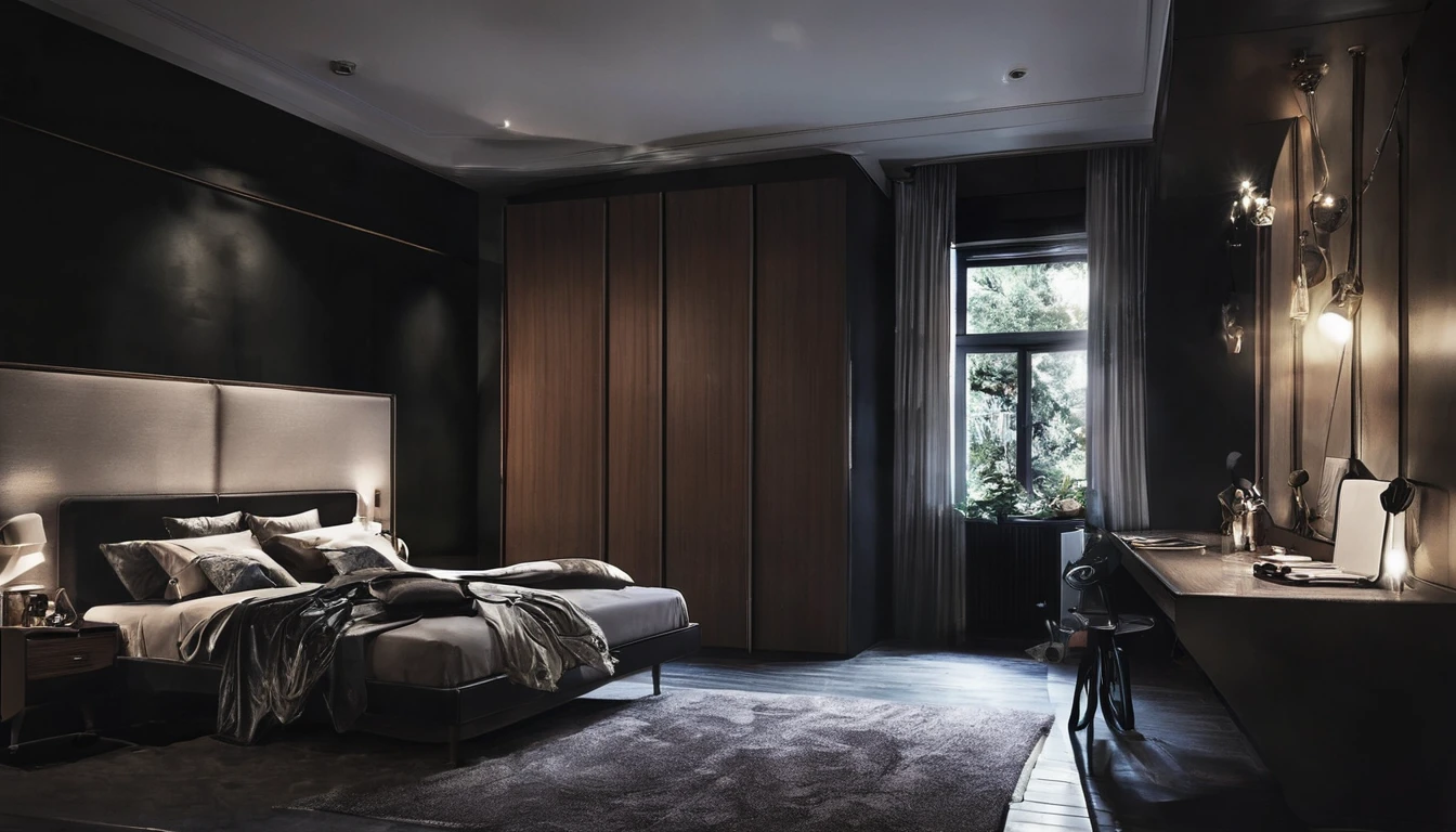bedroom, bed, wardrobe, clothes on the bed, dark environment