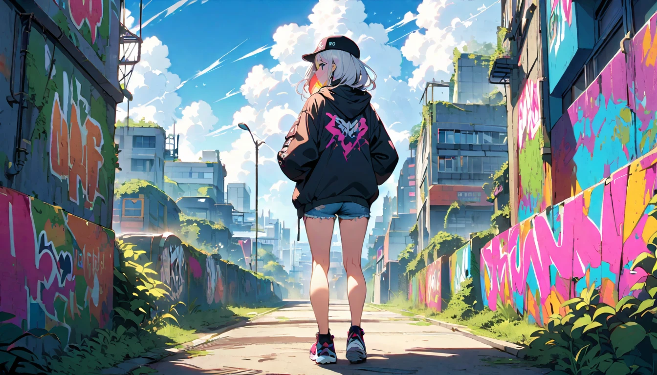 HD 8k Handsome sexy cute, Solitary, 1 female, Medium Length Hair, white hair, Rainbow hair, blue Eyes, Rainbow headphone, hoodie, colored hoodie, black Trucker Hat, hip-hop style big hooded jacket denim shorts, sneakers, Human focus, outdoor, blue sky, White clouds, graffiti Popularity spray art wall, Create a bustling cityscape where skyscrapers merge with lush, overgrown greenery.