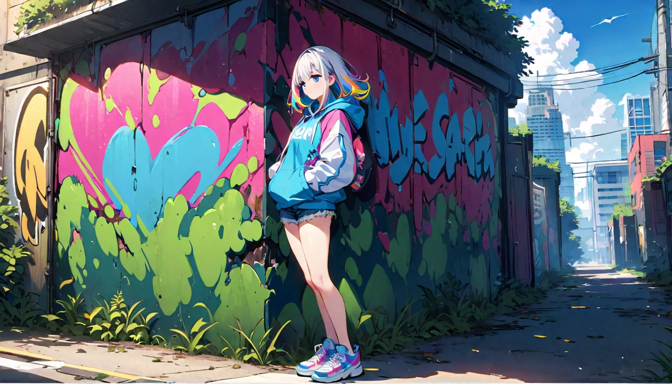 HD 8k Handsome sexy cute, Solitary, 1 female, Medium Length Hair, white hair, Rainbow hair, blue Eyes, Rainbow headphone, hoodie, colored hoodie, black Trucker Hat, hip-hop style big hooded jacket denim shorts, sneakers, Human focus, outdoor, blue sky, White clouds, graffiti Popularity spray art wall, Create a bustling cityscape where skyscrapers merge with lush, overgrown greenery.