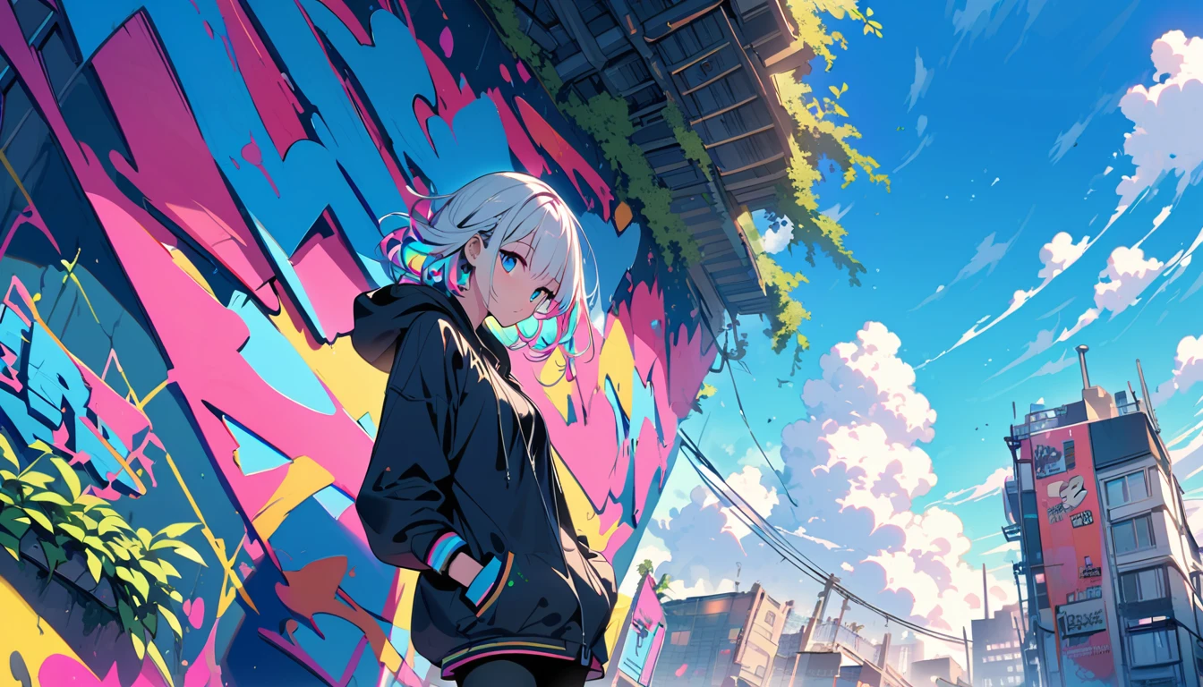HD 8k Handsome sexy cute, Solitary, 1 female, Medium Length Hair, white hair, Rainbow hair, blue Eyes, Rainbow headphone, hoodie, colored hoodie, black Trucker Hat, hip-hop style big hooded jacket denim shorts, sneakers, Human focus, outdoor, blue sky, White clouds, graffiti Popularity spray art wall, Create a bustling cityscape where skyscrapers merge with lush, overgrown greenery.