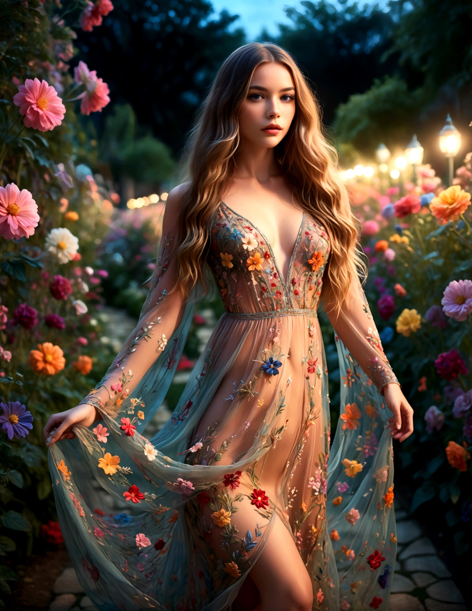 a beautiful woman in a colorful sheer airy dress with intricate embroidery, nude underneath, strolling through a lavish flower garden at night, long wavy hair, glowing skin, ethereal, cinematic lighting, moody colors, magical realism, romantic, high quality, detailed, photorealistic