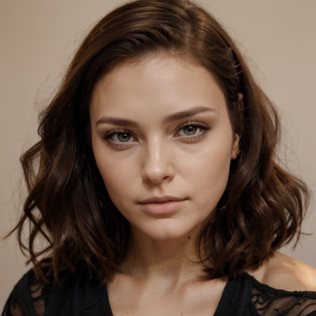 femme de 29 ans, cheveux longs bruns un peu bouclés, yeux marrons, visage parfait, maquillage professionnel comme modèle, pied visible