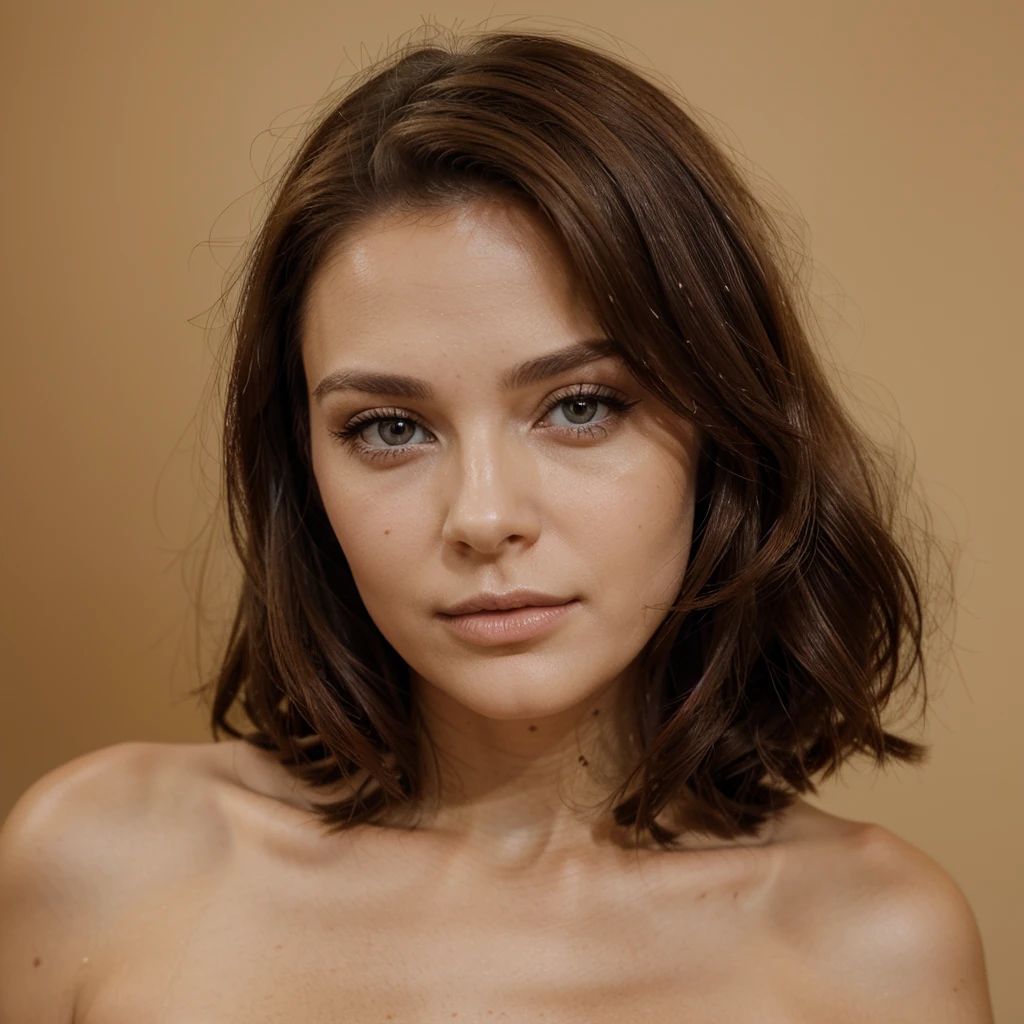 femme de 29 ans, cheveux longs bruns un peu bouclés, yeux marrons, visage parfait, maquillage professionnel comme modèle, pied visible