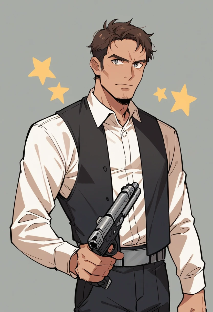 Masterpiece,man, (han solo8, Star Wars, wearing a black vest,(( a white short-sleeved shirt)), and is holding a gun.
