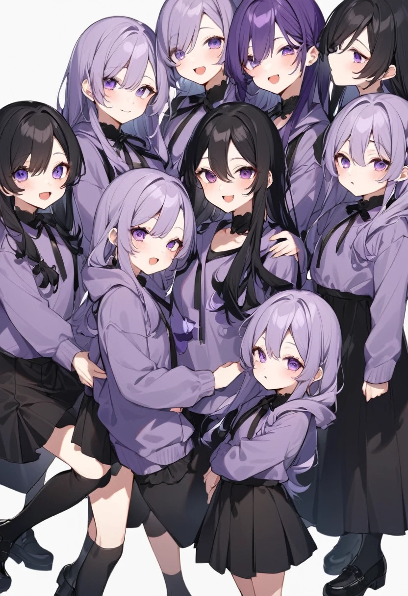 Keito。Purple hoodie。Black Skirt。Purple Eyes。Black Hair。Black shoes下。Black shoes。6 sistery eldest daughter has lavender hair.。all female。Sextuplets