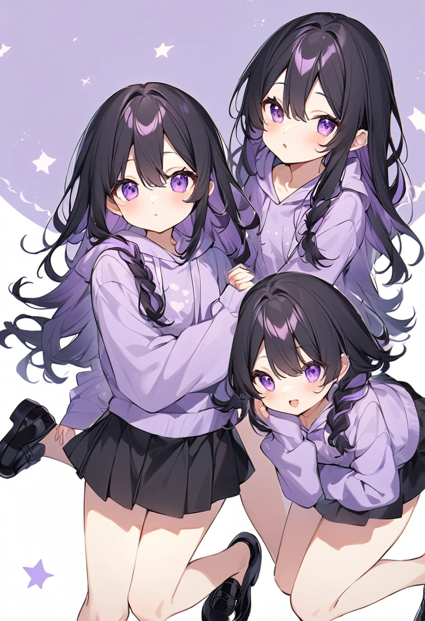 Keito。Purple hoodie。Black Skirt。Purple Eyes。Black Hair。Black shoes下。Black shoes。6 sistery eldest daughter has lavender hair.。all female。Sextuplets