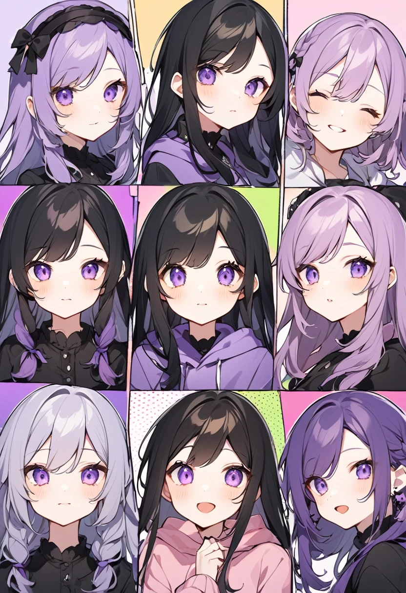 Keito。Purple hoodie。Black Skirt。Purple Eyes。Black Hair。Black shoes下。Black shoes。6 sistery eldest daughter has lavender hair.。all female。Sextuplets