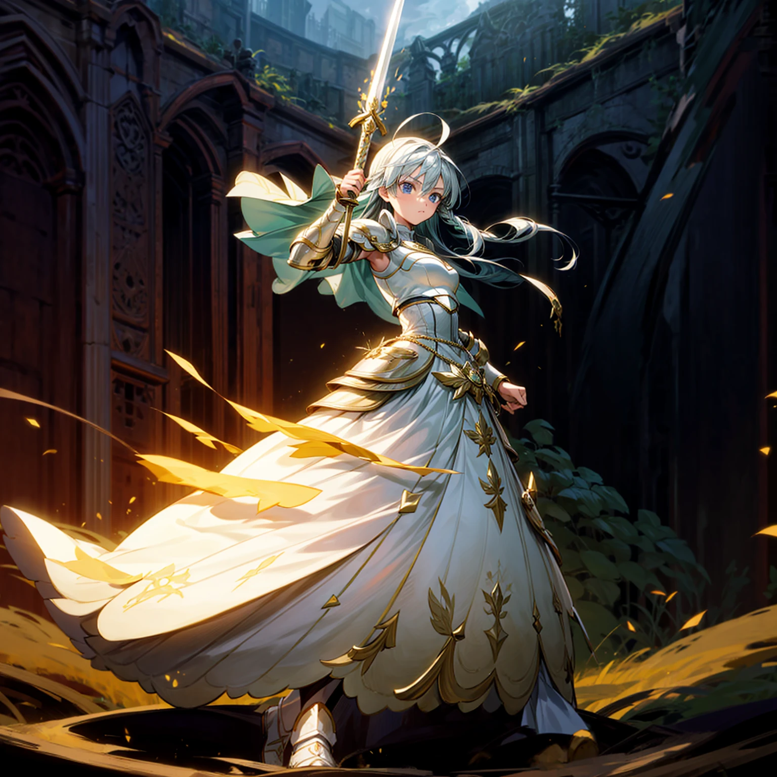 1girl, Full body version, 1character,  version, blue eyes color, long haircut, white colour hair, formal style clothing, medieval gold armour, one gold sword in hand, Grassroots, background in green field, motion blur, battle gesture, lighting sword, smoke, fire lighting, fire, masterpiece,  (Hunter x Hunter style)