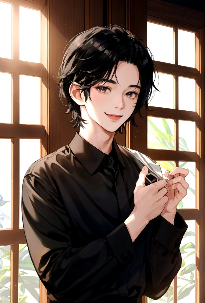 2歳の小さなgirlを肩に乗せるmale, Sunlight pours in through the window, Short black hair, smile, High detail, Anime Style, Ray Tracing, Cinema Lighting, Chiaroscuro, Symmetric, First Person View, male (1.4), girl (1.2), smile (1.3), Short black hair (1.2), Highest quality, 8K.