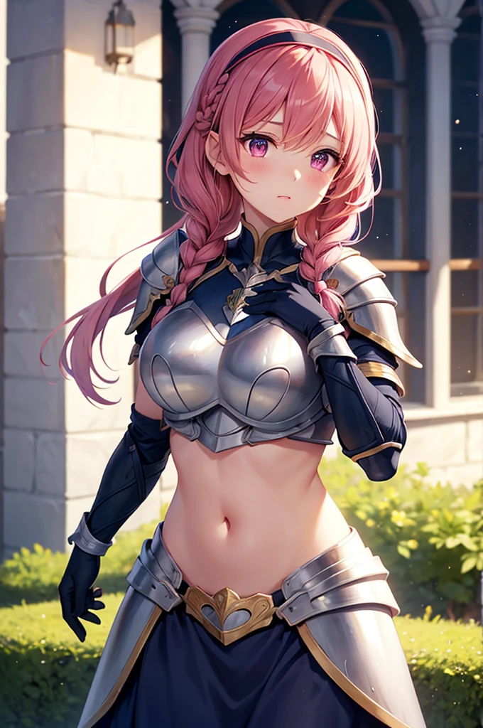 Lapisfe, One girl, alone, View your viewers, blush, bangs, gloves, Upper Body, Braiding, hair band, Outdoor, Part your lips, null, Day, Raise your hand, Pink Eyes, armor, wood, Covered navel, Blurred Background, Place your hand on your chest, shoulder armor, side Braiding, breastplate, red armor