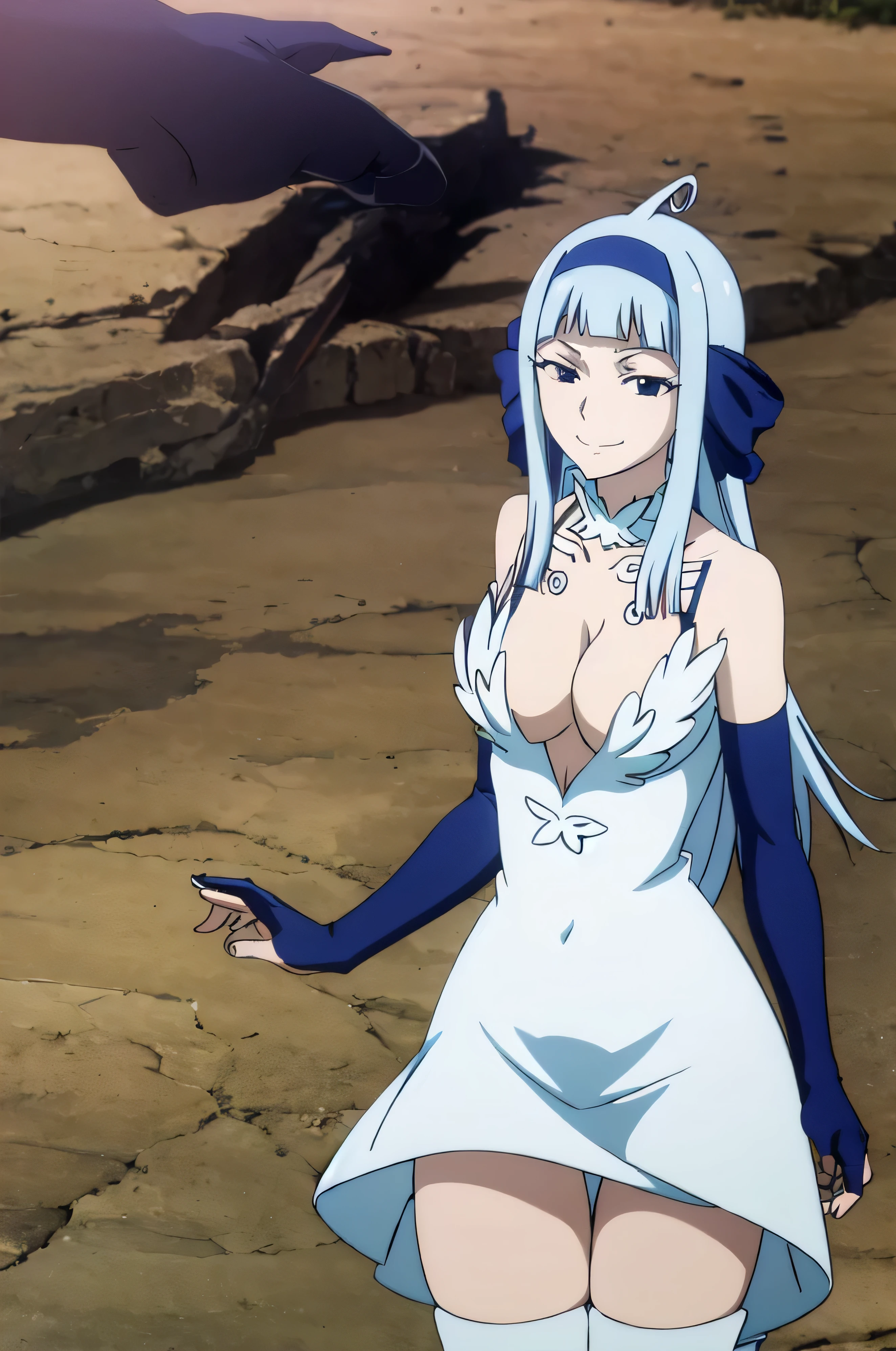 FAIRY TAIL ANGEL, LONG HAIR, BANGS, BLUE HAIR, HAIRBAND, BLUE HAIRBAND, AHOGE, THIGHHIGHS, GLOVES, DRESS, CLEAVAGE, ELBOW GLOVES, WHITE DRESS, 1girl, solo, facing viewer, (evil smile:1.3),Highly detailed CG Unity 8K wallpaper, perfect lighting,laugh at,evil smile,evil smirk,looking down at viewer,,smile bad,deep shaded face,too evil fall,dark world background,two hands,five fingers,two legs,thighhigh boots,