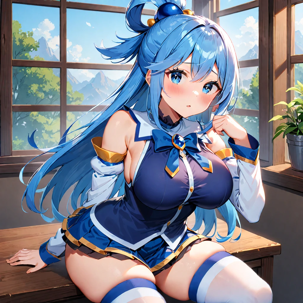 1girl, solo, long hair, skirt, thighhighs, blue eyes, breasts, aqua (konosuba), looking at viewer, bare shoulders, white thighhighs, detached sleeves, blue hair, hair ornament, blue skirt, blush, large breasts, shirt, hair rings, bow, zettai ryouiki, blue shirt, sitting, skindentation, long sleeves, miniskirt, bangs, thighs, hand up, bowtie, pleated skirt, parted lips, sleeveless, window, brooch, sleeveless shirt, ((medium quality)), ((medium quality))