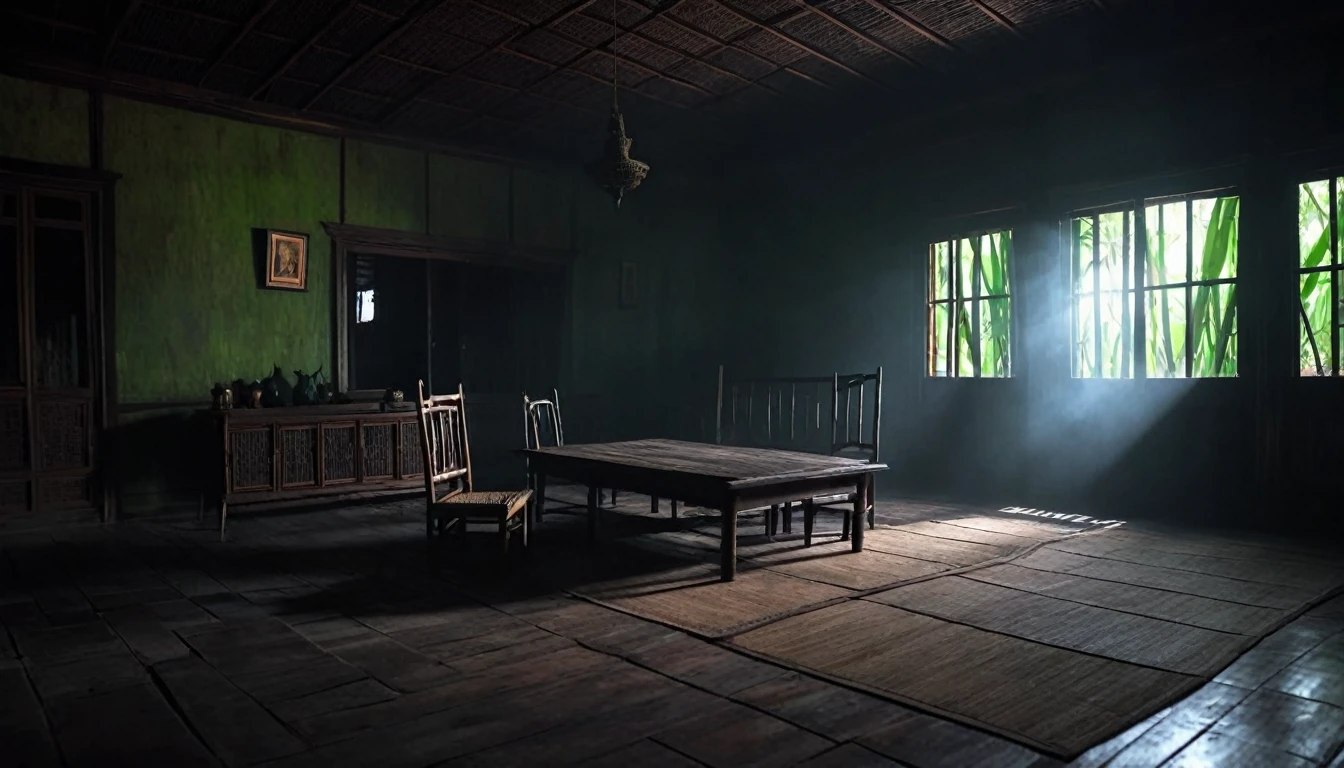 a room in an old, uninhabited Indonesian house, the furniture was rotten and scattered, the atmosphere was foggy, scary, on the walls were sticks of bamboo torches, captured in a haunting, film noir style, with heavy shadows and a sense of foreboding. realistic, cinematic, details, 8k