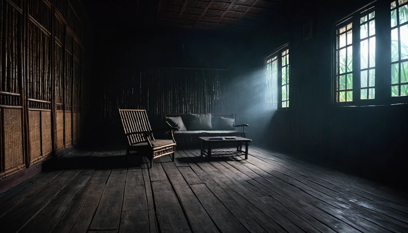 a room in an old, uninhabited Indonesian house, the furniture was rotten and scattered, the atmosphere was foggy, scary, on the walls were sticks of bamboo torches, captured in a haunting,  film noir style, with heavy shadows and a sense of foreboding. realistic, cinematic, details, 8k
