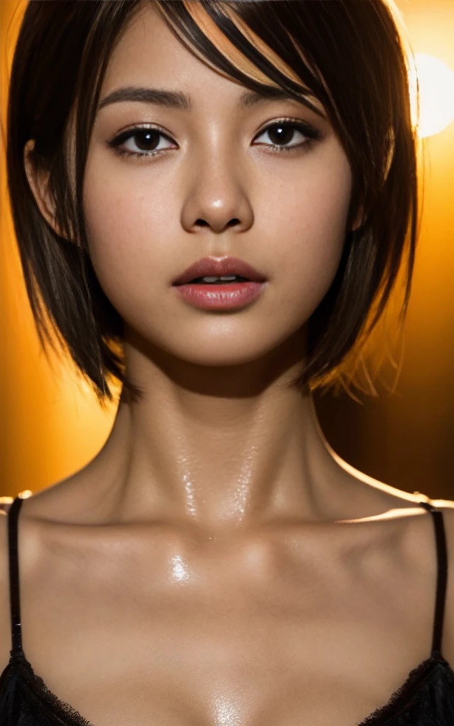 gyaru,dark-skinned, shiny oiled skin,short cut hair, face close up, cinematic lighting