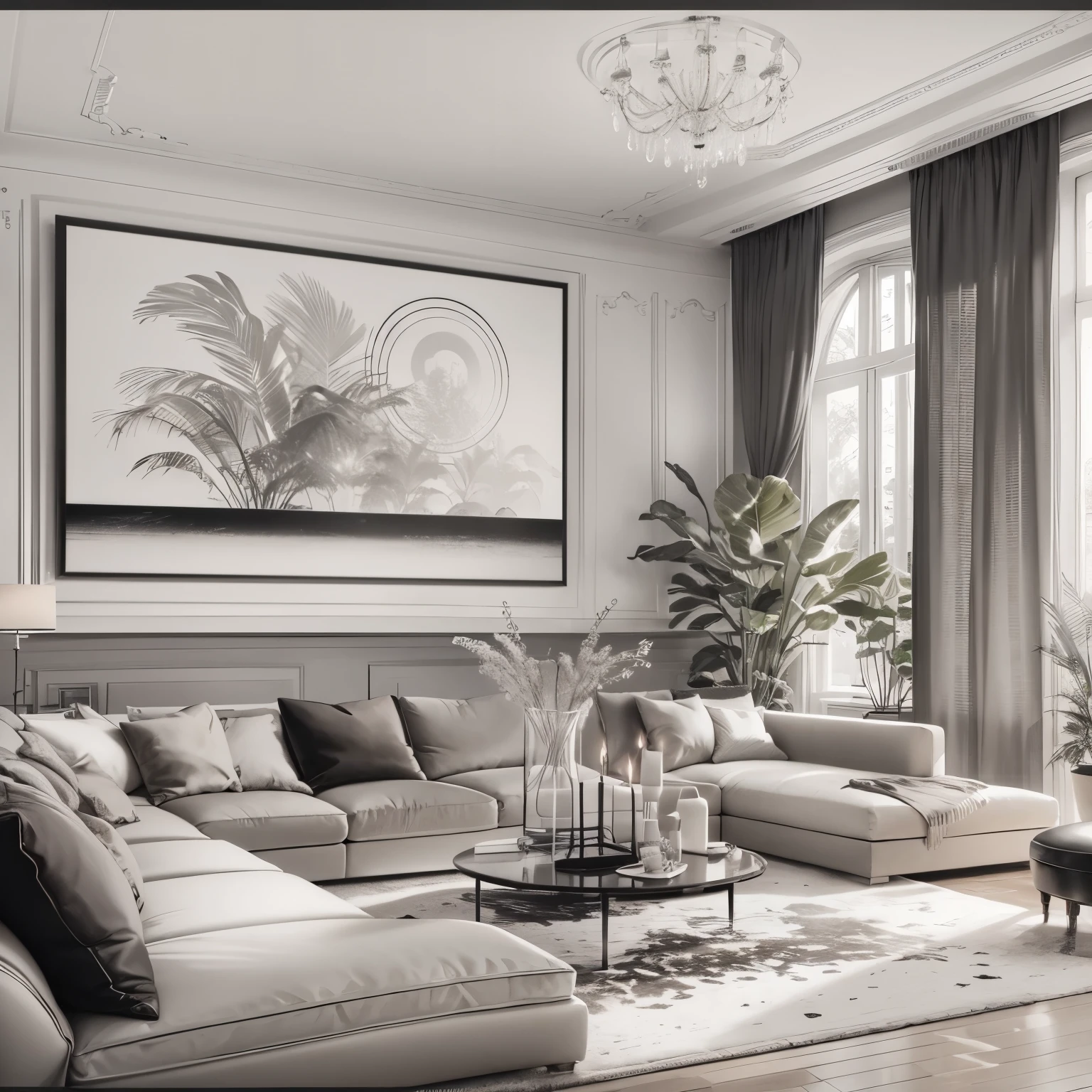 Classy and modern apartment interior, with large corner sofa, on the wall facing the sofa, 1 Large Samsung TV Wall Screen Frame Art - It's the Important Element of the Picture - Beautiful Evening Light, belles plantes majestueuses, noir et blanc, Interior Designer Research Style Pencil Drawing