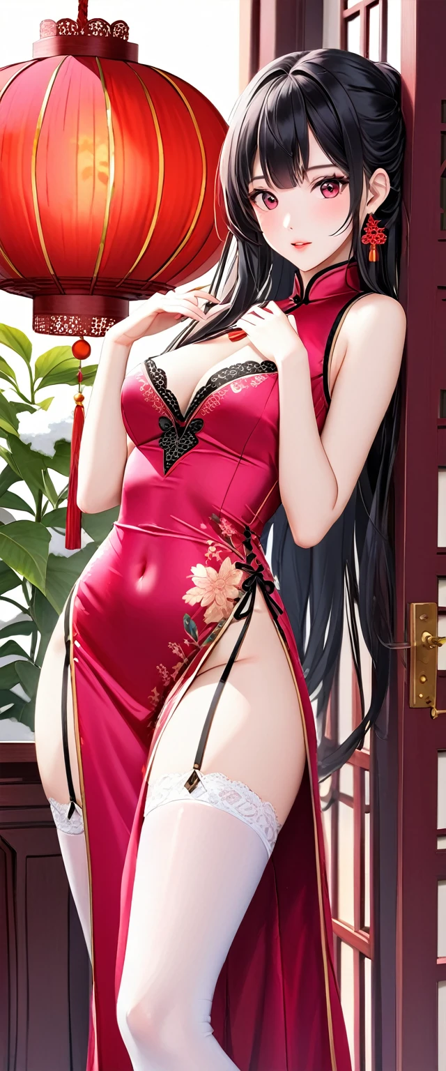 High resolution, Adult female , Good lighting, (Indecent Exposure), (((China dress))), ((Nice body)),((Shiny long black hair)), (((Pink Rouge))), (Garter Stockings), Abdominal area only, (Snow-white skin), , Cute face, I'I很尴尬,Blushed, humiliation, ((look back)), ((transparent))()(Thong)(Present in large quantities in the body,),Beautiful breasts,Shapely large breasts、Dark blue eyes,smile