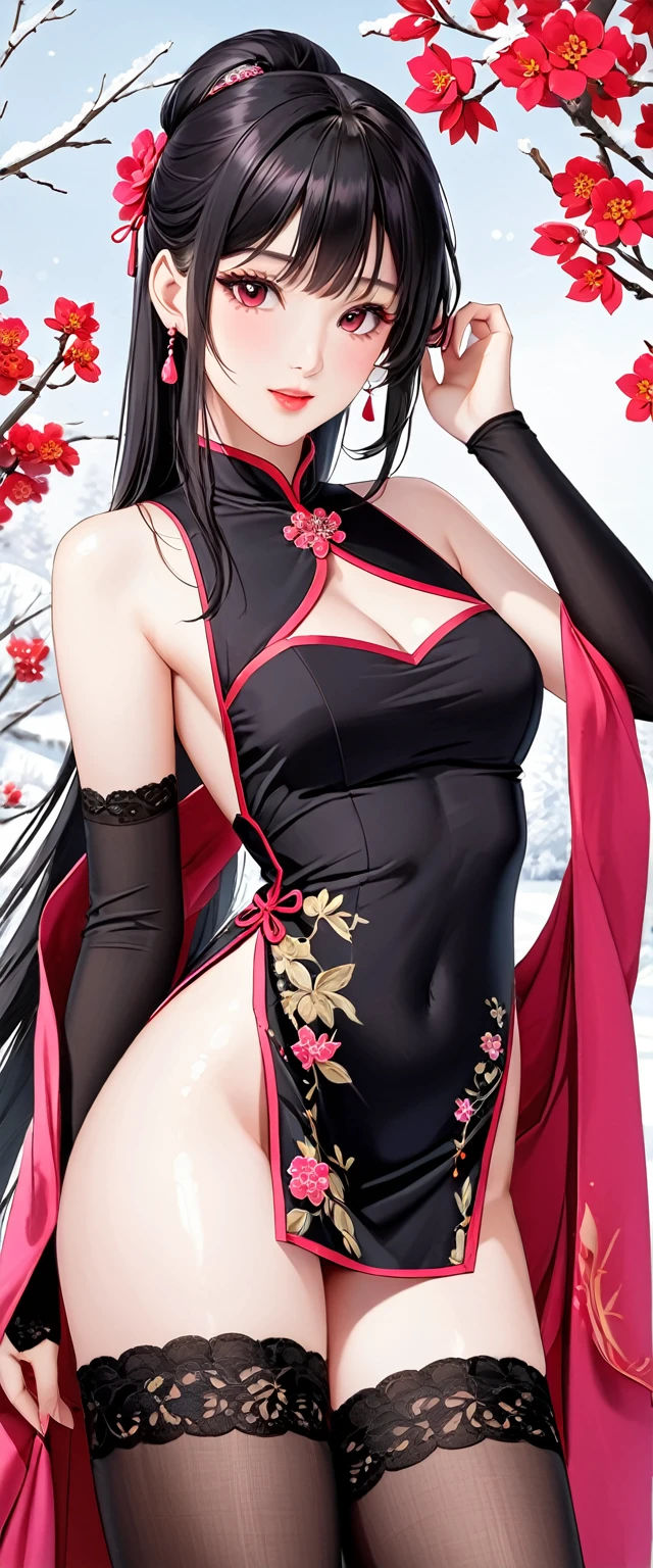 High resolution, Adult female , Good lighting, (Indecent Exposure), (((China dress))), ((Nice body)),((Shiny long black hair)), (((Pink Rouge))), (Garter Stockings), Abdominal area only, (Snow-white skin), , Cute face, I'I很尴尬,Blushed, humiliation, ((look back)), ((transparent))()(Thong)(Present in large quantities in the body,),Beautiful breasts,Shapely large breasts、Dark blue eyes,smile