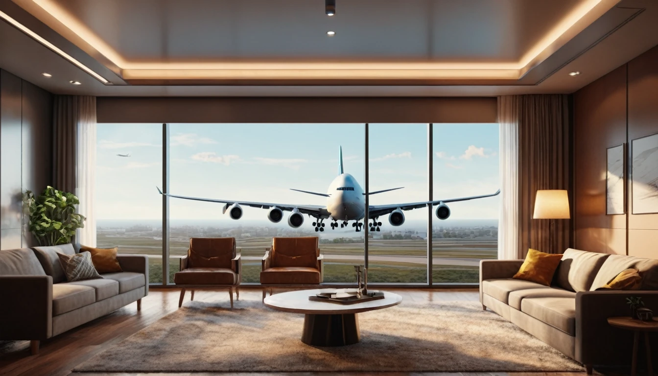 a detailed realistic interior of an apartment with a large window, a Boeing 747 airplane flying outside the window, photorealistic,extremely detailed,8k, cinematic lighting, warm color tones