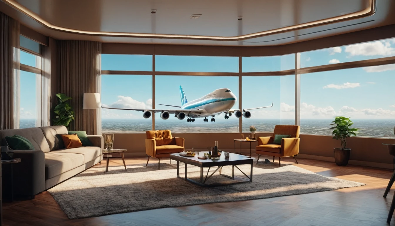 a detailed realistic interior of an apartment with a large window, a Boeing 747 airplane flying outside the window, photorealistic,extremely detailed,8k, cinematic lighting, warm color tones
